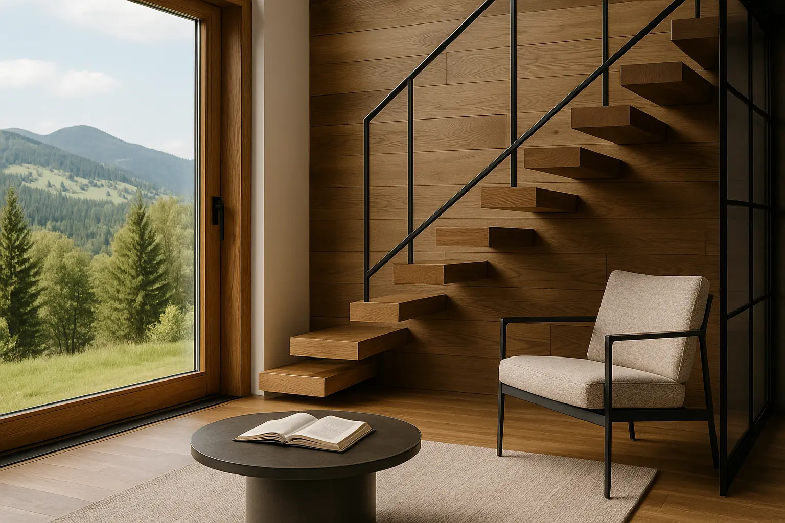 Сучасний інтер'єр з поєднанням дерева, скла та металу